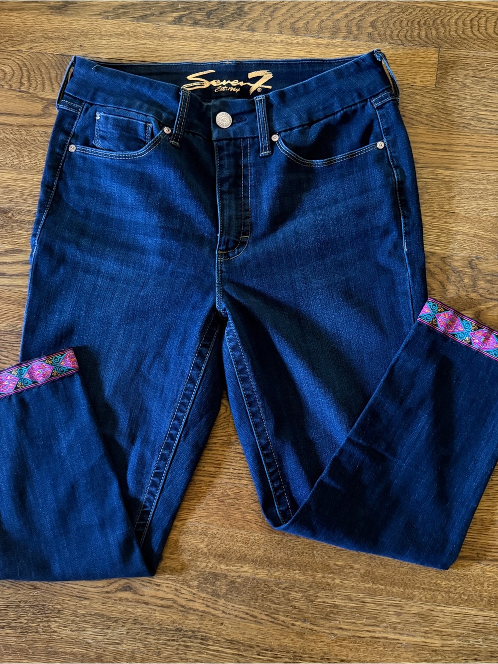 Seven7 Indigo Skinny Jeans with Pink & Teal Embroidered Cuff